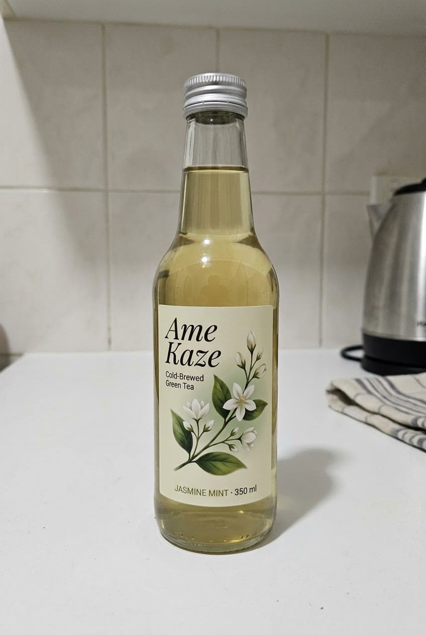 A bottle of Ame Kaze cold-brewed green tea on a kitchen counter, as a quick phone photo