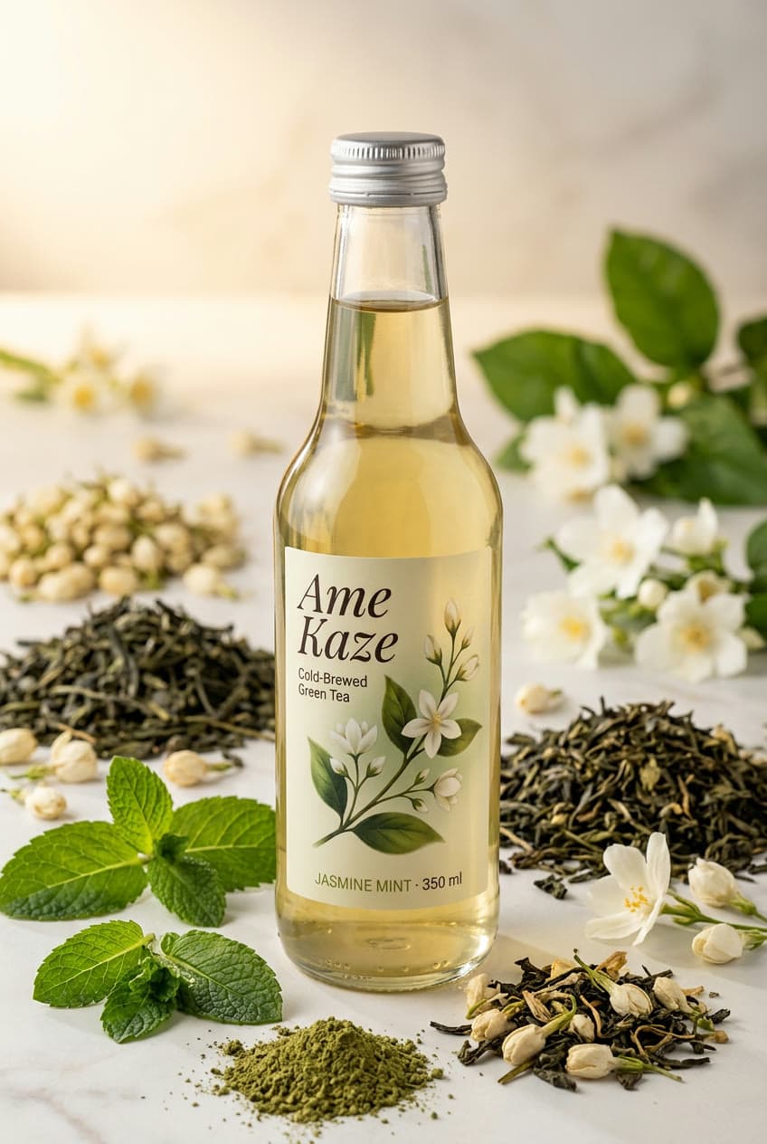The same bottle as a studio shot by Lumo, among green tea leaves, jasmine flowers and mint